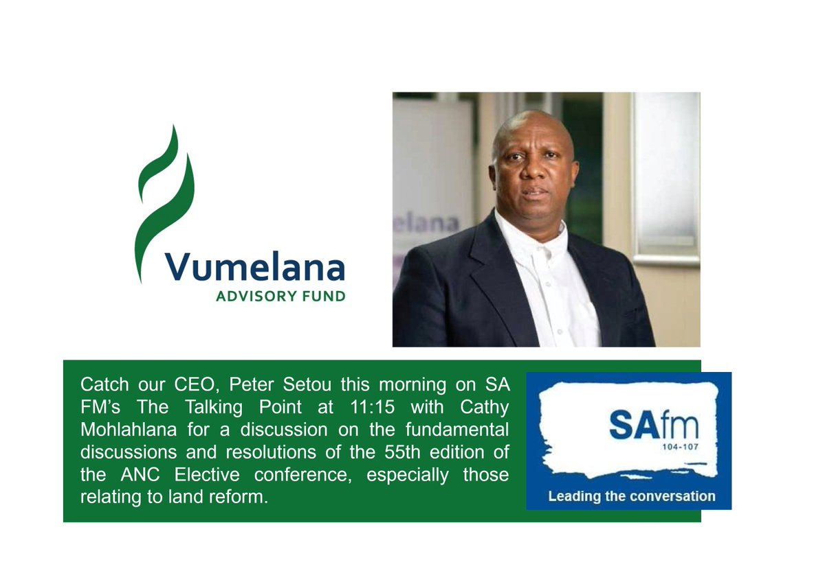 Don’t miss this conversation, as our Chief Executive, Peter Setou reflects on some of the fundamental resolutions of the 55th Edition of the @MYANC Elective Conference, the conversation will be live on @SAfmRadio’s #TheTalkingPoint with @CathyMohlahlana at 11:15am

@vumelana