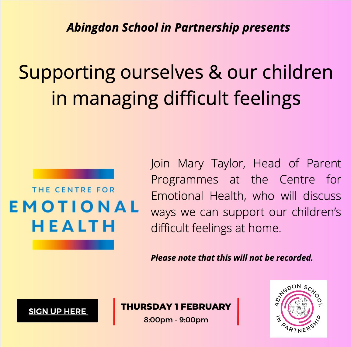 We're looking forward to hosting this parent webinar this evening with @MaryTaylor2510 from the @Centrefor_EH , for our primary partnerships @ASPartnerships #supportingparents #wholeschoolapproach #EmotionalWellBeing