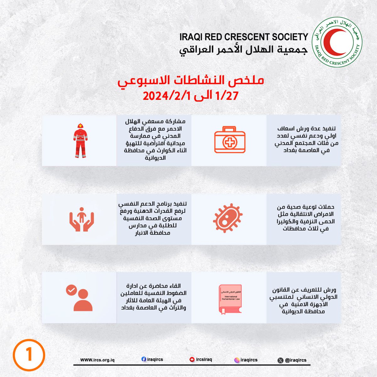 iraqircs's tweet photo. الملخص الاسبوعي لأبرز نشاطات الهلال الاحمر العراقي
Weekly summary of Iraqi RCS activities
#RCRCMovement
#NotATarget
#IraqiRCS
#Weekly
#NewsUpdates https://t.co/wbhkQxlfOS