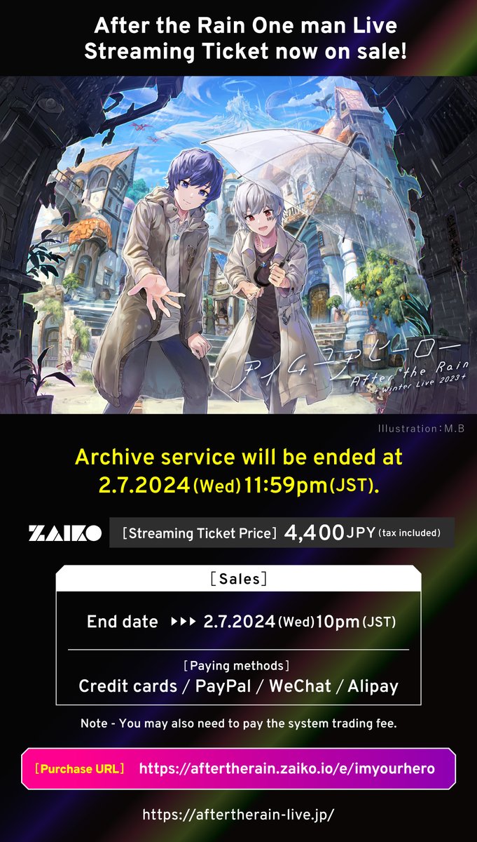 ATR_info's tweet photo. 【ONLINE LIVE見逃し配信2/7(水)23:59まで！】
After the Rain Winter Live 2023 アイムユアヒーロー
12/2,3��ライブから厳選した全21曲&amp;MCを収録！

＜TICKET絶賛販売中＞
▼国内
https://t.co/G93dcz597c

▼Overseas
https://t.co/mnn8Y6cGDa

▼中国
https://t.co/Sv1NbWGEht

#アイムユアヒーロー https://t.co/cFHp9SKiuT