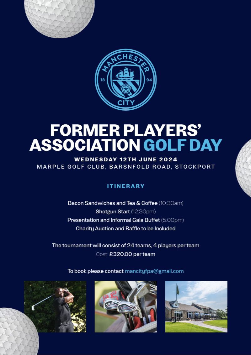 Any keen golfers fancy the Manchester City Former Players Association Golf Day 2024 Wednesday 12th June 2024 @ Marple Golf Club For more information or to book please contact: mancityfpa@gmail.com