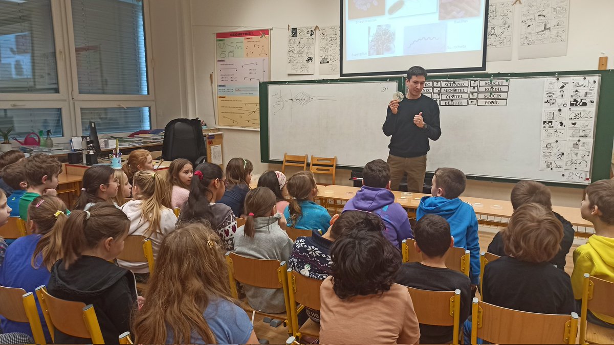 Yesterday I visited kids at the primary school in Brno, where my daughter attends, and gave them a little tour de microworld. It was great to see their liveliness and interest. It's never too early to start telling kids about the importance of microbes to nature and humans.