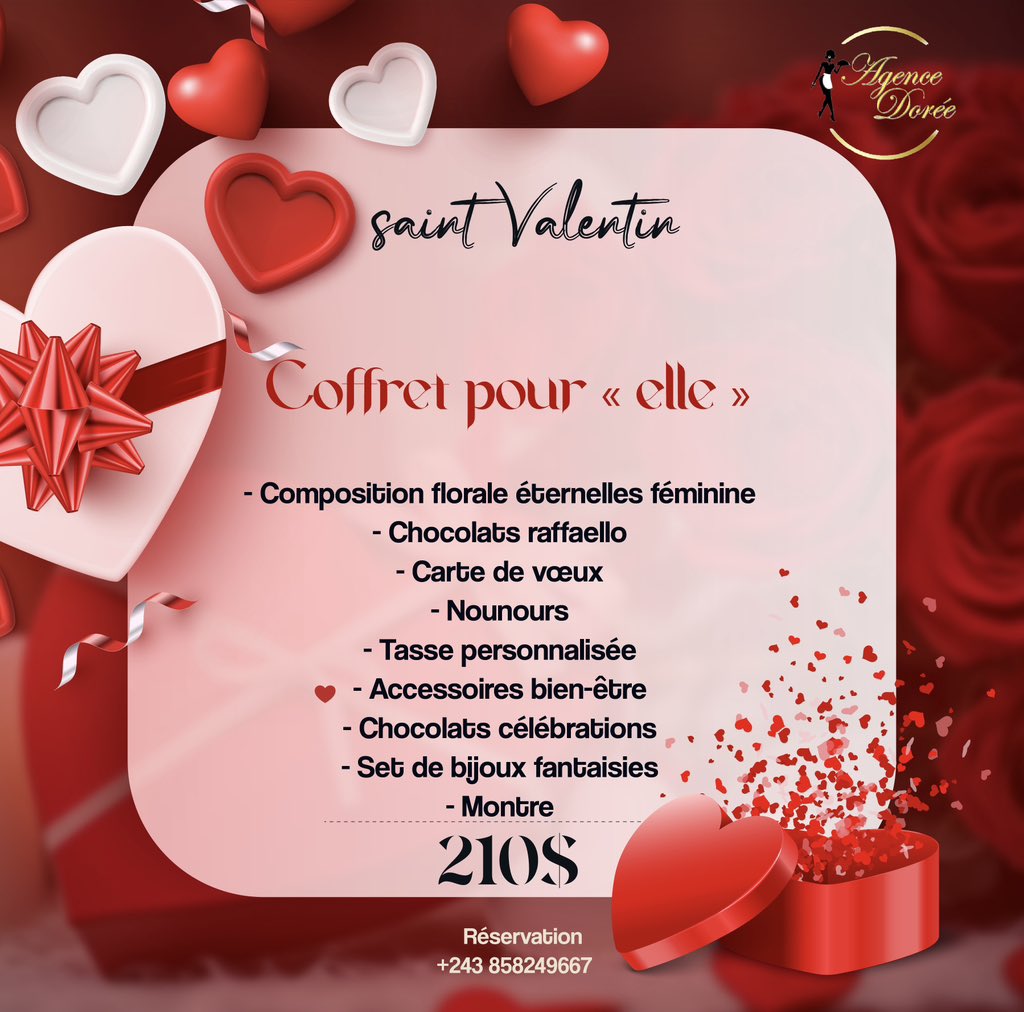 AgenceDoreEvent's tweet photo. Voici nos offres de box pour la Saint Valentin. Pour elle, pour lui et pour nous… Laissez vous tentez par un cadeau original et romantique à la fois. 

Réservation: +243 858 249 667 https://t.co/QfSV8LScs6