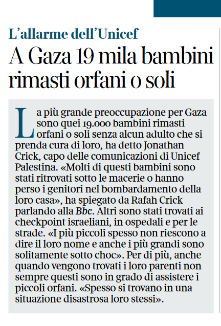 rafforiani's tweet photo. Oggi @Corriere ha una notizia piccola piccola, a pagina 13: “L'allarme dell'Unicef: a Gaza 19mila bambini rimasti orfani o soli”. I nostri media si sono persi in un abisso. Ormai di normale hanno solo i caratteri tipografici. #GazaScortamediatica https://t.co/V2nRBw6HbF