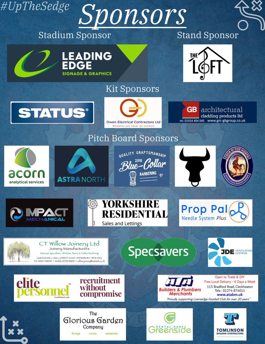 Liversedge_FC's tweet photo. Thank you to our amazing Sponsors! 

Impact Mechanical Ltd
@YorkshireResid2 
Prop Pal 
CT Willow Joinery
@Specsavers 
JDE Vent
Elite Personnel 
@TennettAndy 
The Glorious Garden Company 
Greenside Dental Care 
Tomlinson Building Contractors

#UpTheSedge #ThankYouSponsors https://t.co/cFXv4OJEHA