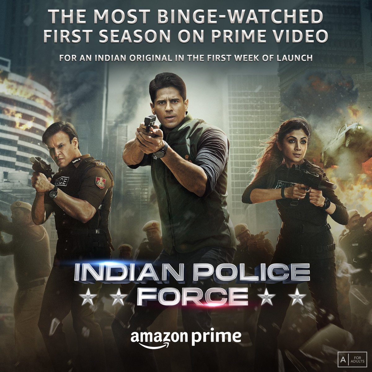 Dominating India's watchlist, one action-packed episode at a time! 👊🏽 #IndianPoliceForceOnPrime, watch now on @PrimeVideoIN #RohitShetty @SidMalhotra @TheShilpaShetty @itsishatalwar @RSPicturez #SushwanthPrakash @RelianceEnt @TSeries