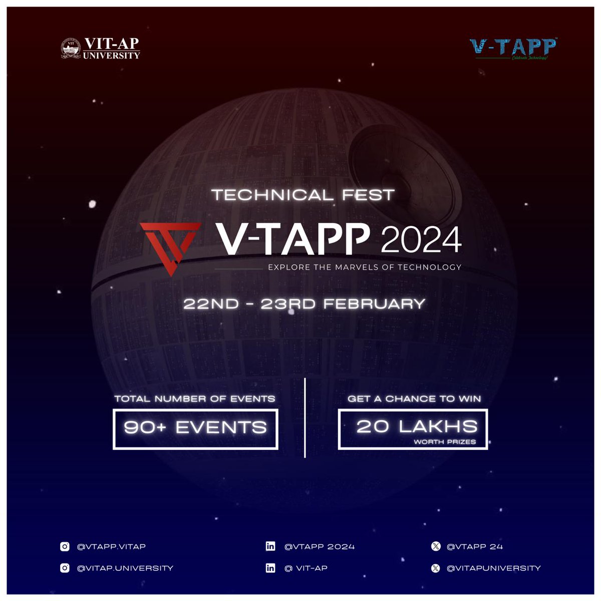 VITAPuniversity's tweet photo. Join us at V-TAPP'24, hosted by VIT-AP University, for an unforgettable tech experience! Don't miss out on the chance to redefine what's possible in the world of technology. #VTAPP #techfest #innovation https://t.co/P9ak62TXUx