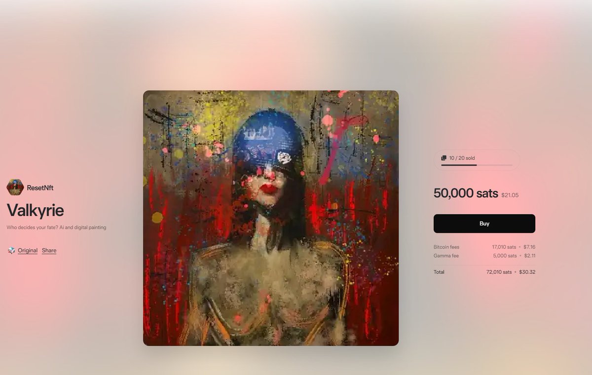 We are now half way through this drop
10/20 prints left
Valkyrie on <a href="/trygamma/">Gamma.io</a> 
50,000 sats

a huge thank you to <a href="/Sir_Gadfly/">₲₳Đ₣ⱠɎ</a> for picking up a print. 
If you have picked one up and haven't created a profile on gamma I cannot see who you are to thank you so please reach out!