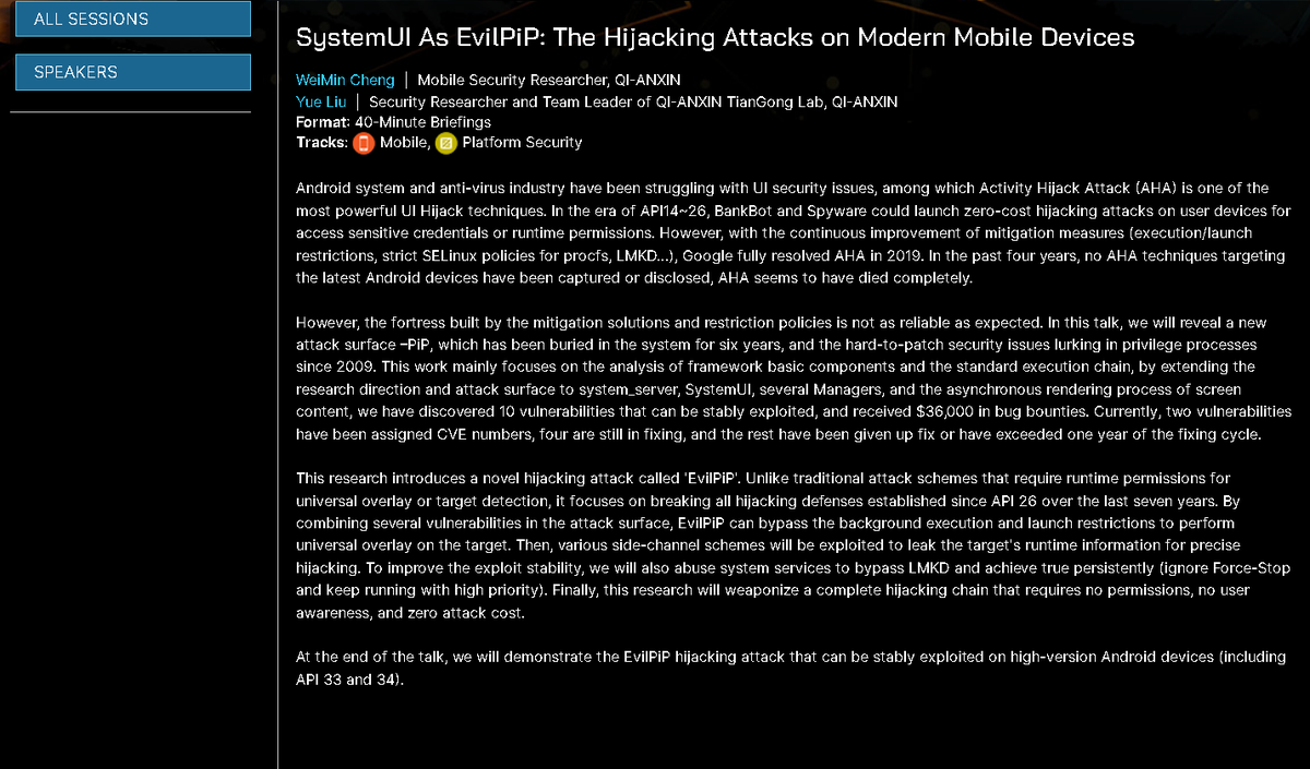 Our topic  "SystemUI As EvilPiP: The Hijacking Attacks on Modern Mobile Devices"  has been accepted by blackhat asia.

#BHASIA <a href="/BlackHatEvents/">Black Hat</a>
