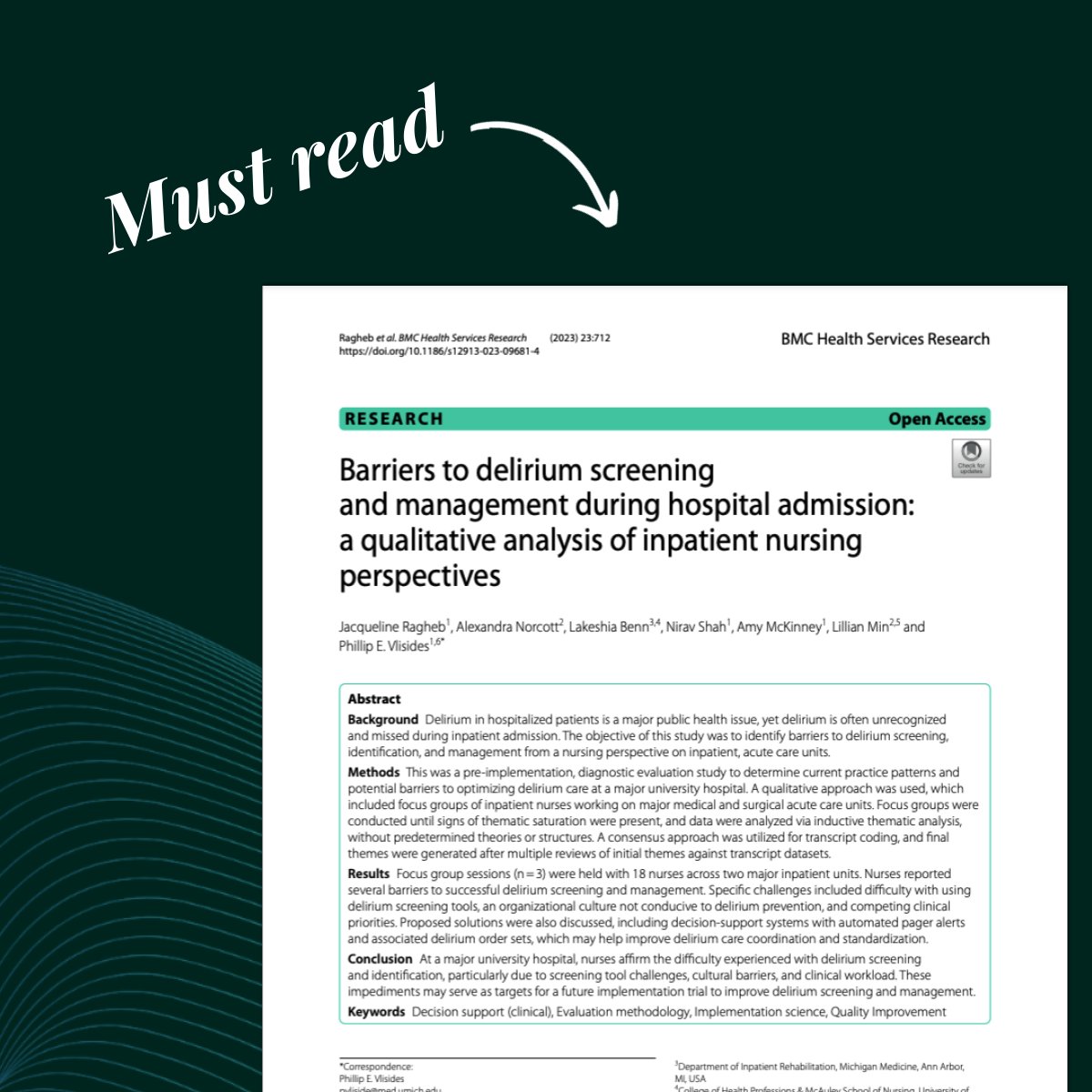 Prolira - DeltaScan π§ (@prolira_ds) on Twitter photo Great article, 'Barriers to #delirium screening and management during hospital admission: a qualitative analysis of inpatient nursing perspectives': bmchealthservres.biomedcentral.com/articles/10.11β¦. An outstanding contribution from the team <a href="/UMich/">University of Michigan</a> that confirms the barriers to the current approach. π Great article, 'Barriers to #delirium screening and management during hospital admission: a qualitative analysis of inpatient nursing perspectives': bmchealthservres.biomedcentral.com/articles/10.11β¦. An outstanding contribution from the team <a href="/UMich/">University of Michigan</a> that confirms the barriers to the current approach. π