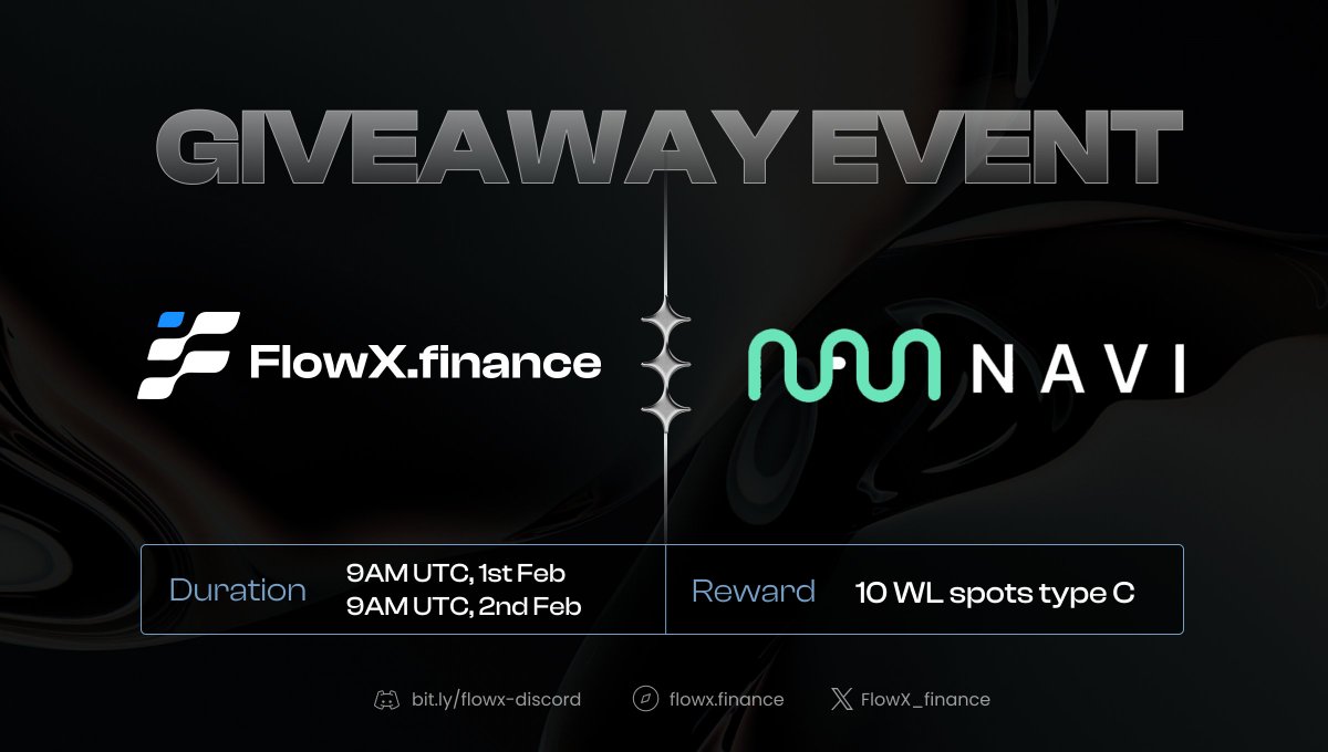 FlowX Finance 🦓 (@flowx_finance) on Twitter photo Giveaway Event: <a href="/FlowX_finance/">FlowX Finance 🦓</a> 🤝 <a href="/navi_protocol/">NAVI Protocol</a>
To celebrate our beloved partnership - <a href="/navi_protocol/">NAVI Protocol</a> will launch IDO, we will collaborate with <a href="/navi_protocol/">NAVI Protocol</a> to organize a giveaway event for the FlowX community
🎁Total reward: 10 WL spots type C for FlowX community Giveaway Event: <a href="/FlowX_finance/">FlowX Finance 🦓</a> 🤝 <a href="/navi_protocol/">NAVI Protocol</a>
To celebrate our beloved partnership - <a href="/navi_protocol/">NAVI Protocol</a> will launch IDO, we will collaborate with <a href="/navi_protocol/">NAVI Protocol</a> to organize a giveaway event for the FlowX community
🎁Total reward: 10 WL spots type C for FlowX community