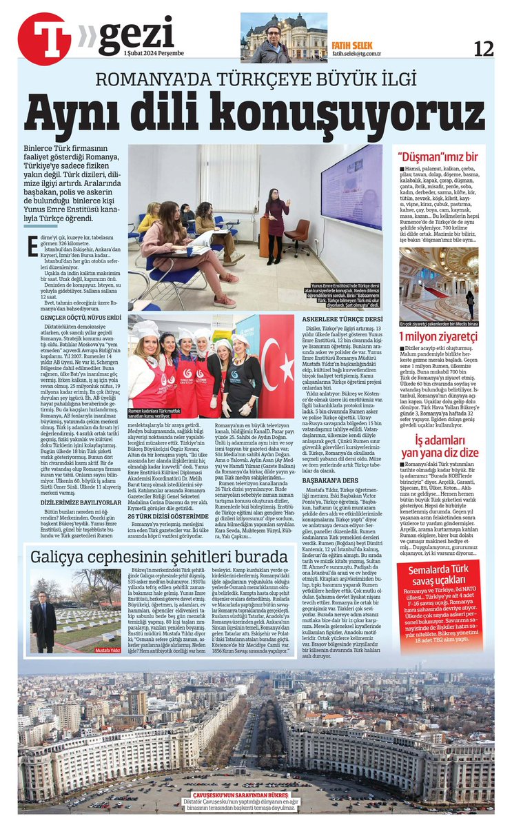 🇷🇴 Mulțumim jurnalistului Fatih Selek pentru articolul publicat în Gazeta Türkiye.

🇹🇷 Kıymetli yazılarından ötürü Türkiye Gazetesi yazarı Fatih Selek'e teşekkür ederiz. 

<a href="/yeeorgtr/">Yunus Emre Enstitüsü</a>
<a href="/turkiyegazetesi/">Türkiye Gazetesi</a>
<a href="/fatih_selek/">Fatih Selek</a>