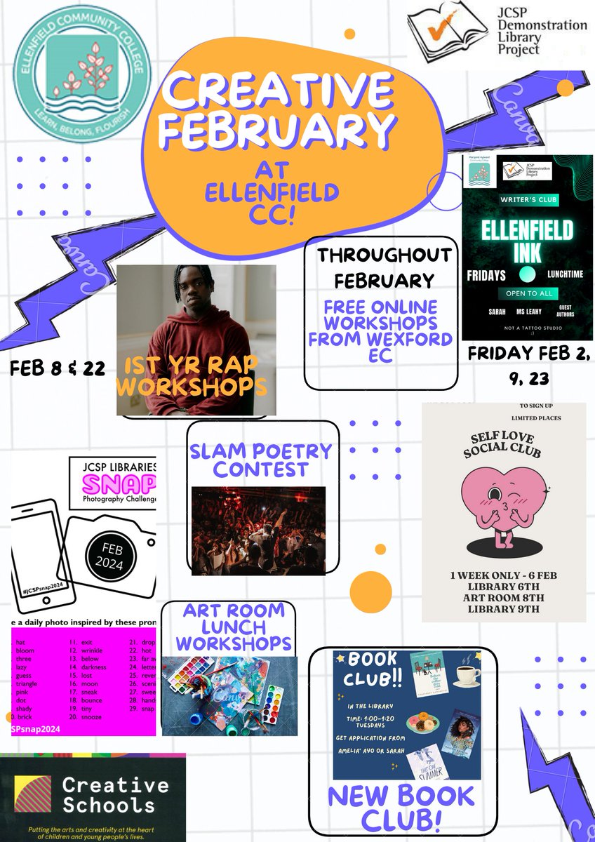 It's #CreativeFebruary <a href="/ellenfieldcc/">Ellenfield Community College</a> and we have a busy month ahead! From singing to writing to photography &amp; lots of free webinars from the Education Centres, there's something for everyone <a href="/jcsplibraries/">JCSP Library Project</a> <a href="/cdetbcdu/">City of Dublin ETB CDU</a> <a href="/CreativeSchools/">Be Creative</a> #creativeschools