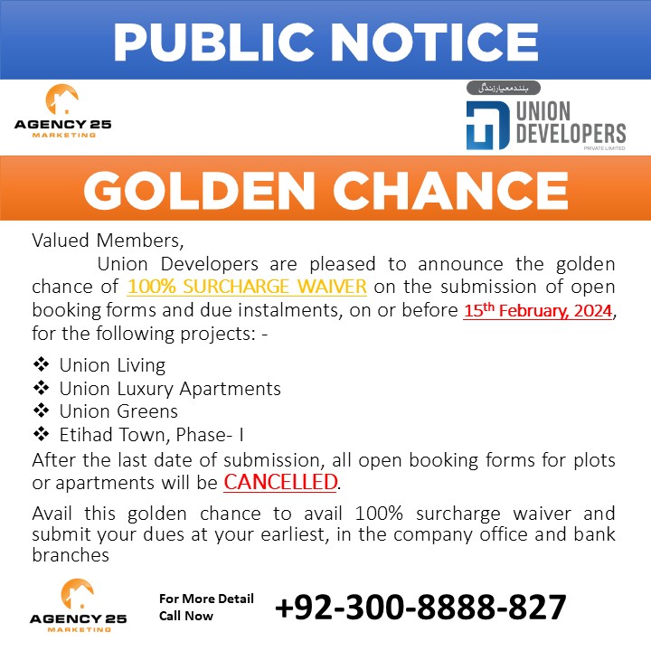 agency_25's tweet photo. Public Notice
100% Surcharge Wavier Off
Union Developer Project
For More Detail
Call Now
+92-300-888-88-27
#agency25
#uniondevloper
#unionliving
#uniongreen
#unionluxuryapartment
#etihadtownphase1
#publicnotice https://t.co/RR38U0pWip