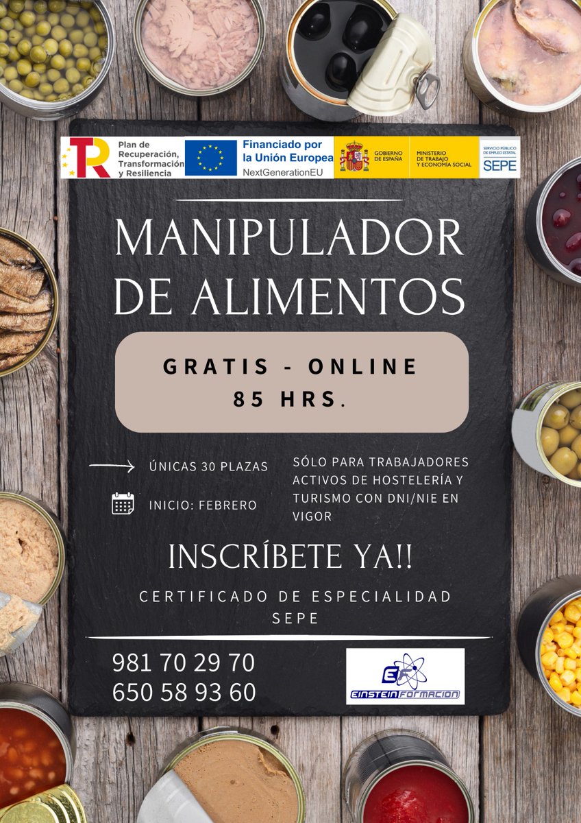 ÚNICAS 30 PLAZAS‼️
¿Te gustaría obtener de forma #gratuita el carnet de manipulador de alimentos en modalidad #online?⤵️
👉APÚNTATE AQUÍ: einsteinformacion.com/inscribete-hos…
Requisitos:
✅ Tener DNI/NIE en vigor
✅ Trabajar en el sector hostelería y turismo 👨‍🍳
SÓLO TRABAJADORES EN ACTIVO‼️