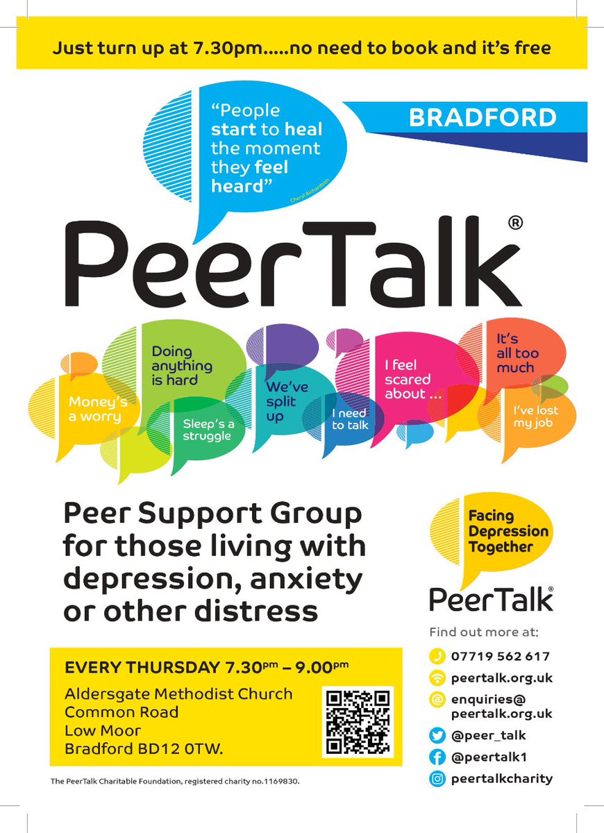 🌻PeerTalk in Bradford🌻 Our Bradford peer support group meets every Thursday evening 7.30 - 9pm at Aldersgate Methodist Church in Low Moor. A safe space for anyone over 18 experiencing emotional distress. #PeerTalk #peersupport #batley #anxiety #depression #mentalhealthsupport