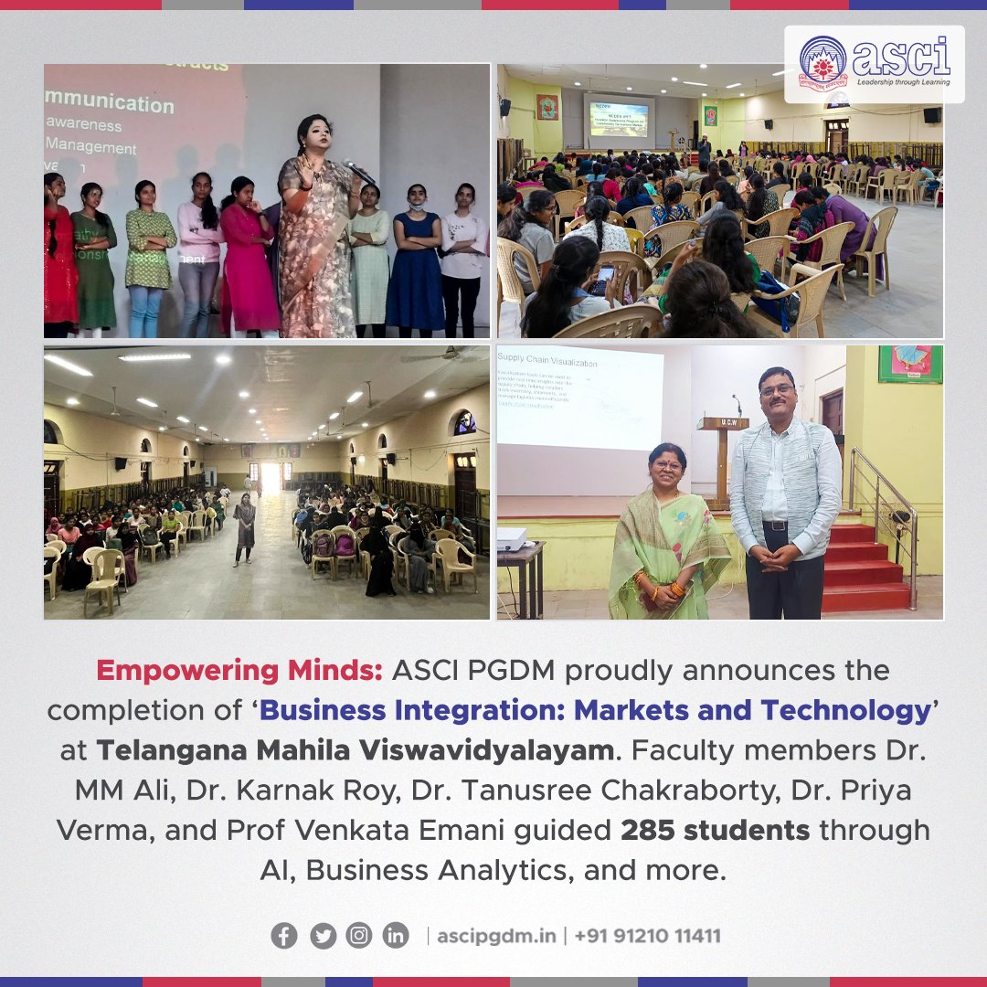 ascipgdm's tweet photo. 🎓 #ASCIPGDM wraps '#BusinessIntegration: Markets and Tech' at Telangana Mahila Viswavidyalayam! Kudos to faculty guiding 285 minds in #AI, #BusinessAnalytics, and more. Another stride in ASCI's commitment to cutting-edge education. 🚀
#ASCIInEducation #ASCIConnects https://t.co/53hp5zQIWp