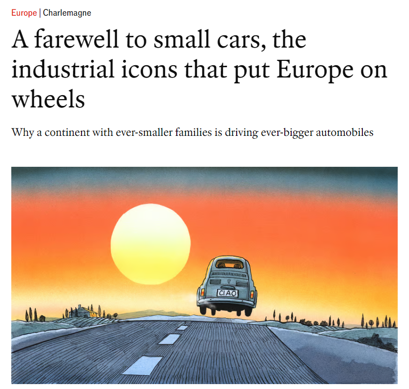 Paris on Sunday will vote on whether the punish SUVs with higher parking charges. In this recent column I explain how Europe went from tiny Fiat 500s and Renault Clios to tank-sized vehicles dominating our streets. economist.com/europe/2023/06…
