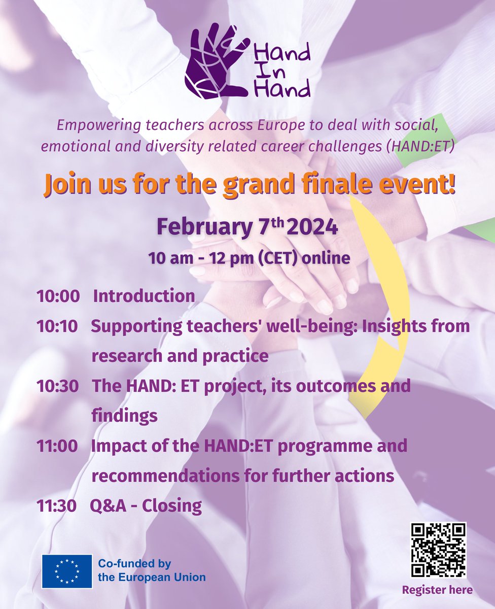 HANDinHAND_si's tweet photo. 🎓Want to learn about the potential initiatives that could support teachers’ well-being?
👥Join us on February 7th for a detailed discussion with HAND:ET experts who will uncover insights from research and practice. Don't miss out!
➡️ Register here: https://t.co/k1yLRfNAhp https://t.co/GZjmGWYDkF