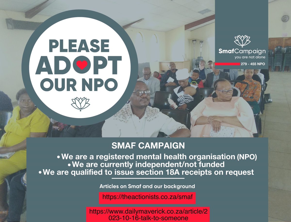 SmafCampaign's tweet photo. Hello, please help us get ADOPTED by any private/government organisation.This will help us continue with our essential work of raising awareness on mental health and suicide https://t.co/mz3cFrM8qw us do more&implement our life saving programs to all communities. #PleaseAdoptUs https://t.co/fQcwGSC6s0