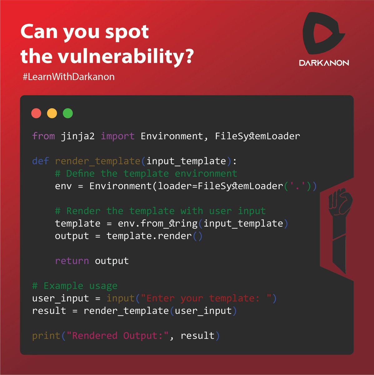 🔐 Can you spot the potential vulnerability in this code snippet? 🕵️‍♂️ Share your insights on how to secure it! Let's learn how to code securely and strengthen our cybersecurity skills together💪 

#CyberSecurityChallenge #SecureCoding #LearningTogether #LearnWithDarkanon