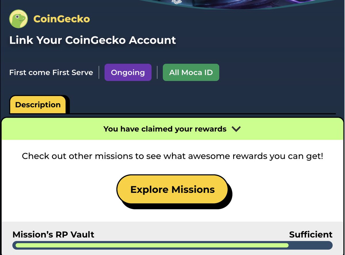 💠 Basit Realm Points Görevi: CoinGecko 💠

Dün bahsettiğim Moca ID Sahibi olma fırsatıyla birçok kişi Mocaverse dünyasına ücretsiz şekilde adım attı. Halen adım atmayanlar aşağıdaki siteden kaydolabilirsiniz, 5 Aktif Code daha paylaşıyorum:
mocaverse.xyz/moca-id

➖ FMQ5MZQ9M6