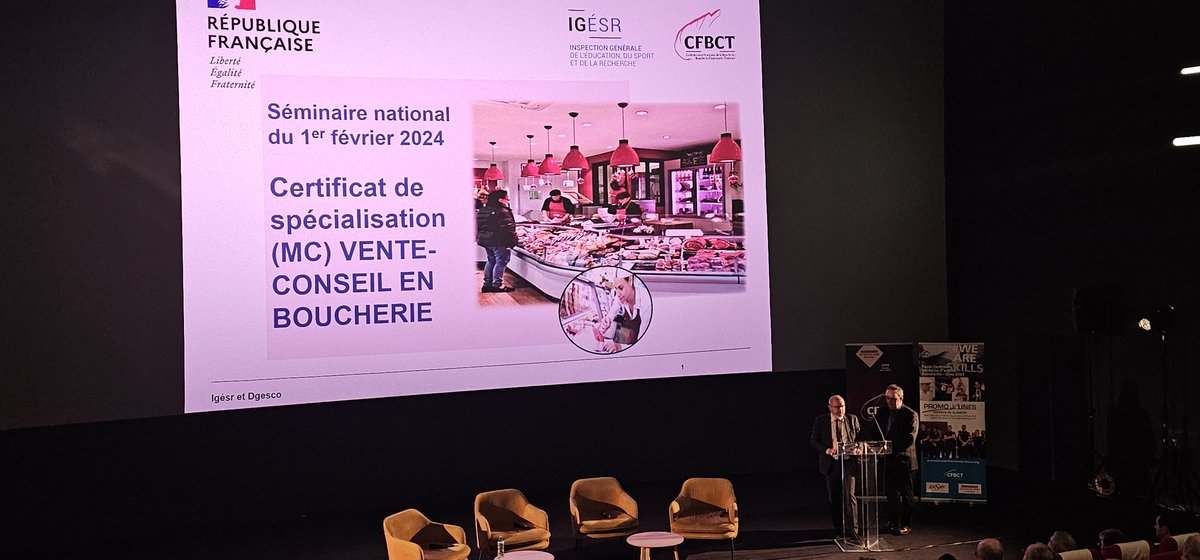 Un tout nouveau #diplôme dans les métiers de la #vente et de l'#alimentation. Lancement du séminaire par l'IGESR et la <a href="/confboucherie/">CFBCT</a> : un métier qui ne forme pas est un métier qui meurt !