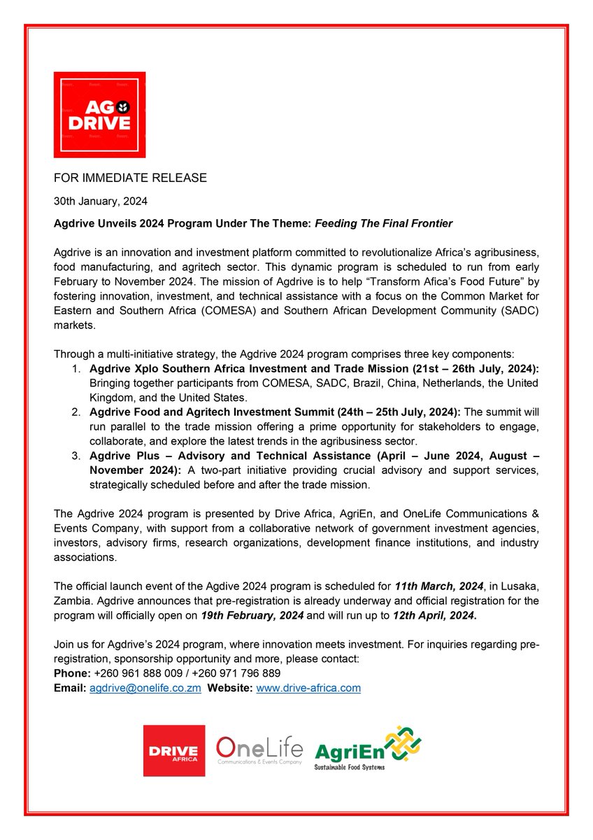 Exciting News in Agriculture!!!📢
We're thrilled to announce our partnership with AgDrive and One Life Communications for the launch of an extraordinary event program that explores the future of agriculture in Africa, by fostering innovation and investment.