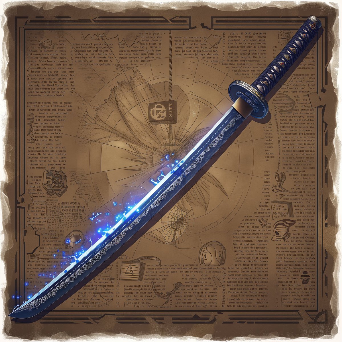 DramaticsThe's tweet photo. Was experimenting with making weapons via #midjouney. Not what I was looking for, but runic etching along a groove, and a hamon line that turned into golden swirl was just too beautiful an #AIArtwork to pass up. https://t.co/hA49cJl4vw