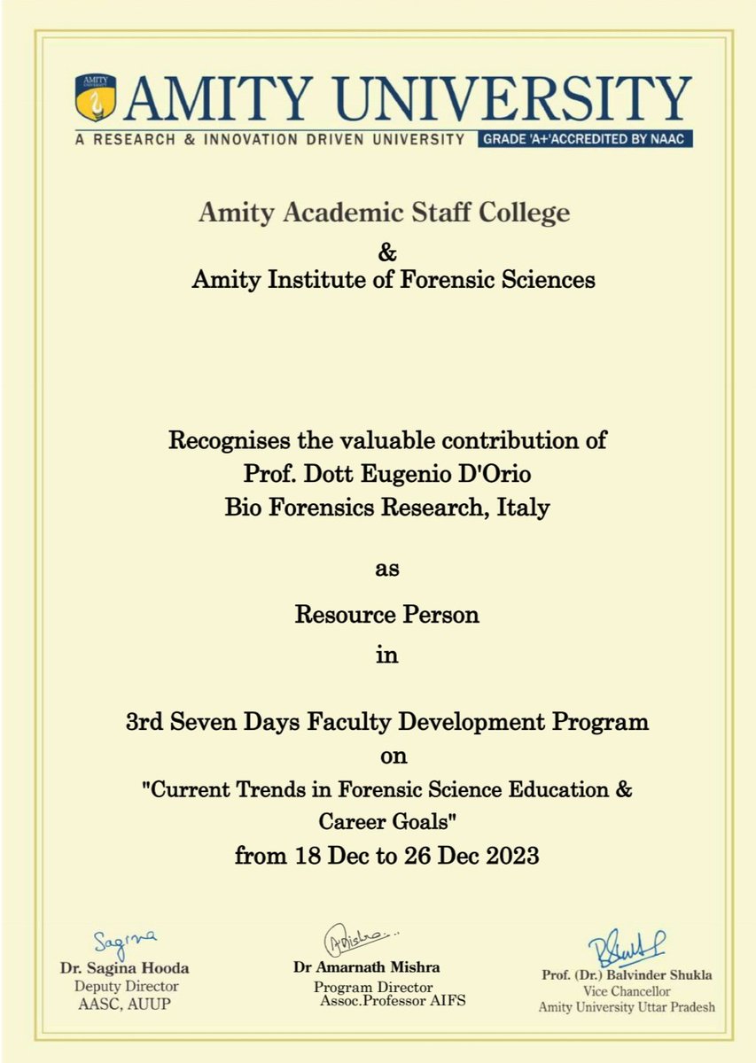 Many thanks to the Scientific Board of the Amity University - Institute of Forensic Science! #forensicscience #forensics #amityuniversity #bioforensics #eugeniodorio