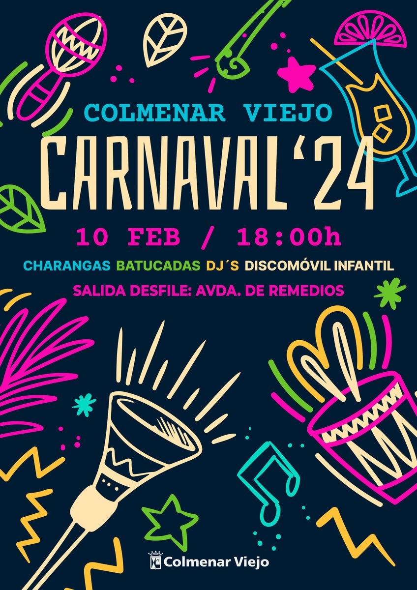 AytoColmenar's tweet photo. 🎭🦸🏻‍♂️#ColmenarViejo bailará al ritmo del #Carnaval el sábado 10 de febrero

🚦Salida del desfile
📍Av. Remedios
🕞18h

🥁🇧🇷 Acompañado de 3 charangas y 3 batucadas 

🚶🏻‍♀️El recorrido familiar se dirigirá a la Plaza del Pueblo, y el más juvenil continuará hasta ‘Las Huertas’ https://t.co/2NvlfANdCq