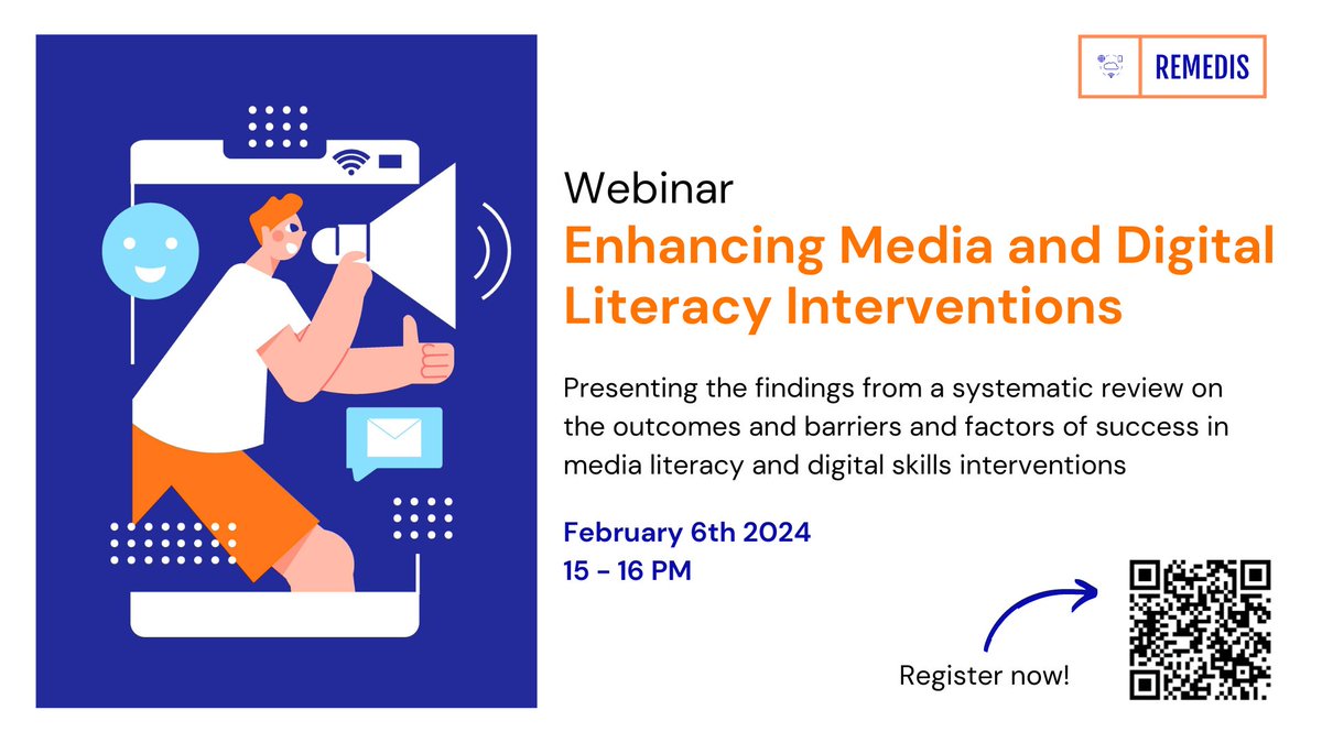 🚨 Not yet registered for our webinar on evaluating and enhancing media literacy and digital skills interventions? It's still not too late to do so! 🗓️REMEDIS webinar on February 6th at 15PM CET, registration using this link 👇link.webropolsurveys.com/Participation/…