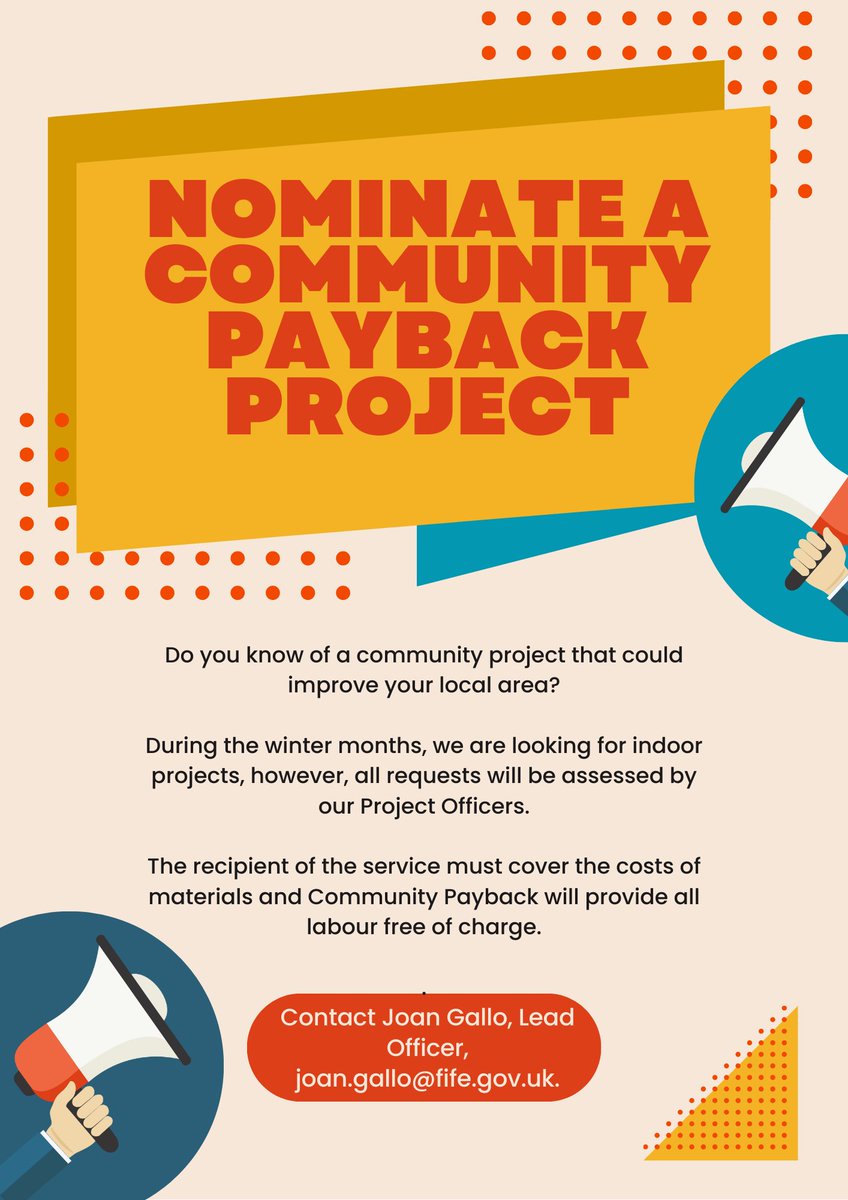 People subject to a Community Payback Order can be ordered to carry out between 20 and 300 hours of unpaid work. This allows people the opportunity to remain in the #community and pay back to their community for harm caused. We are looking for new projects in #Fife. Please share!