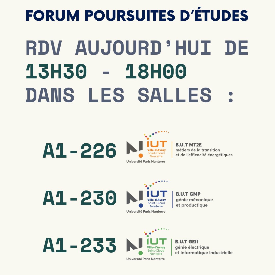 iutvda's tweet photo. [ÉTUDIANT VILLE-D'AVRAY]
RDV Aujourd’hui de 13h30 - 18h00, pour le Forum Poursuite  d'études. Anciens étudiants et des responsables des écoles seront présent ! 
Salles :
A1-226 / #MT2E
A1-230 / #GMP 
A1-233 / #GEII https://t.co/kT7r9irmp7