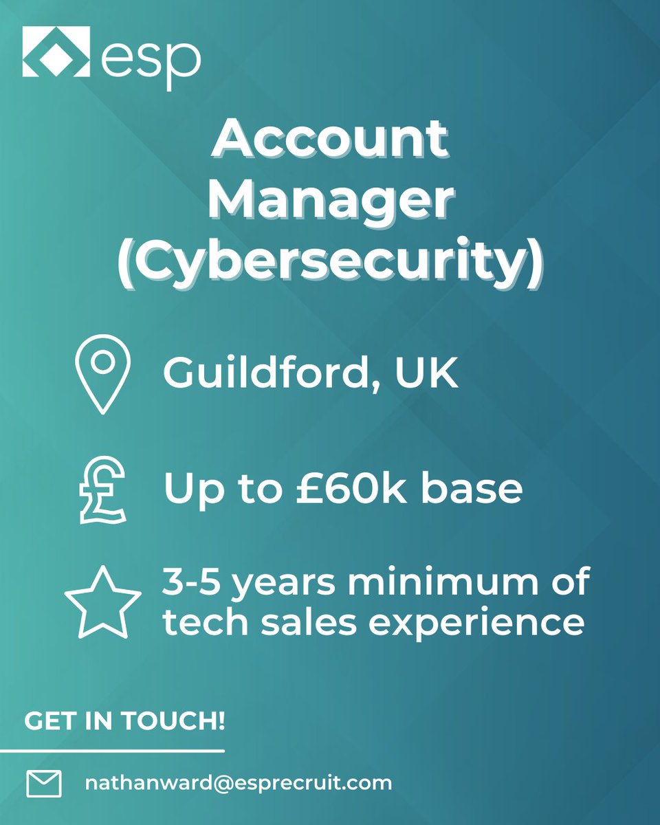We are looking for an Account Manager! 📣

The Company:

🌟 Privately owned Managed Cybersecurity Services business.
🌟 Partner with Zscaler, Netskope, SentinelOne, Abnormal.
🌟 Founded in 2018 by ex-HSBC Cybersecurity Engineers.

Package:

💰 Up to £60K basic salary
💰 Aweso ...
