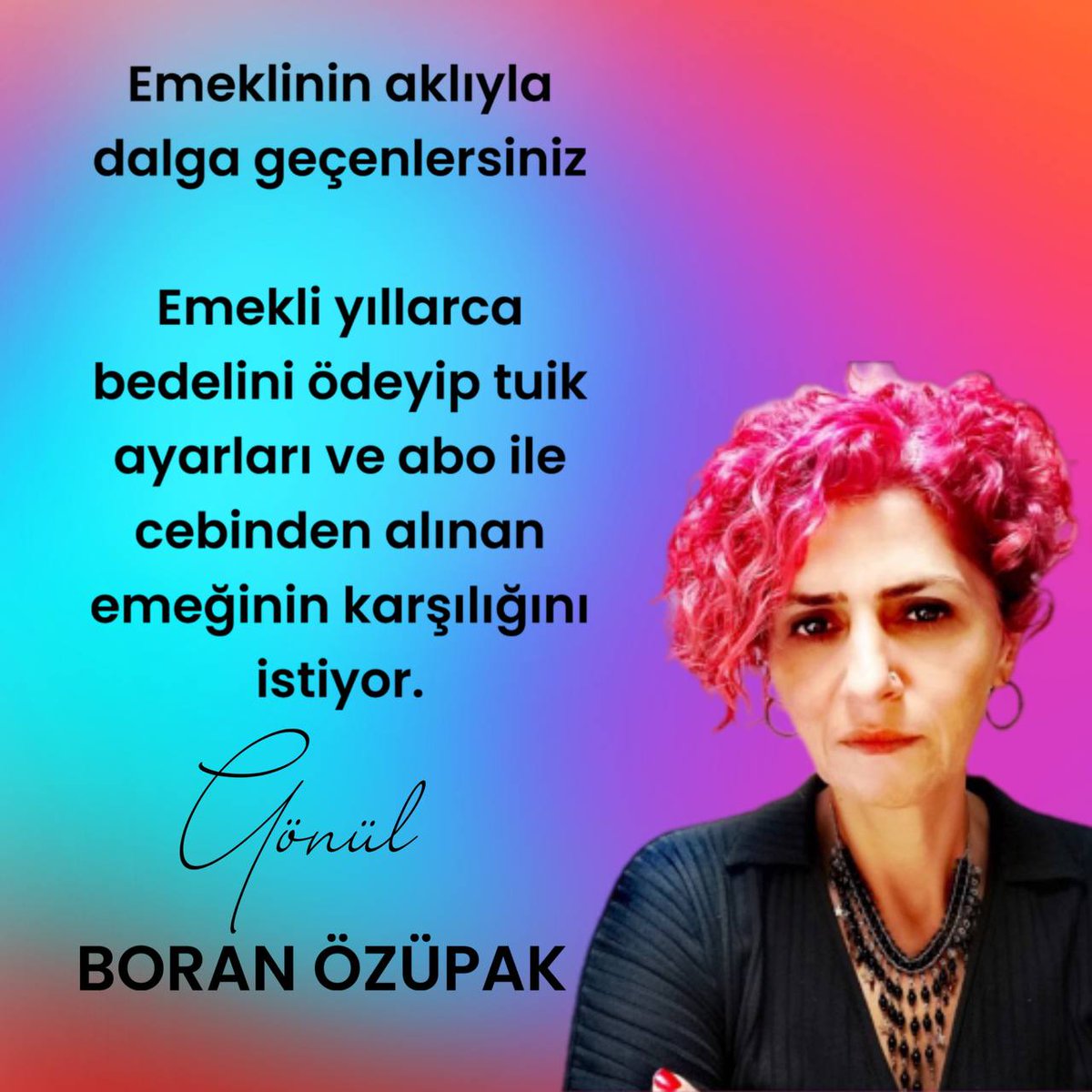 "Emeklinin aklıyla dalga geçenlersiniz

Emekli yıllarca bedelini ödeyip tuik ayarları ve abo ile cebinden alınan emeğinin karşılığını istiyor"

Gönül BORAN ÖZÜPAK
#emekli
<a href="/gonulborann/">Gönül Boran Özüpak</a> 
<a href="/Akparti/">AK Parti</a> 
<a href="/RTErdogan/">Recep Tayyip Erdoğan</a> 
<a href="/MHP_Bilgi/">MHP</a> 
<a href="/dbdevletbahceli/">Devlet Bahçeli</a>