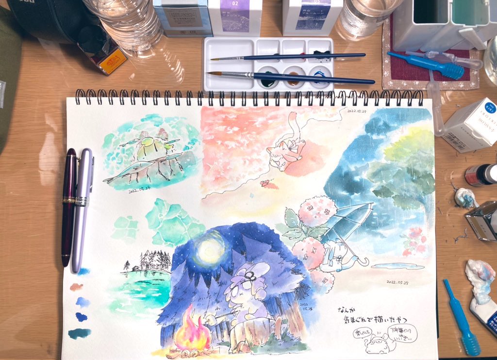 区切りすら書かないで描きたいように描いて塗りたいように塗ったから切り分けて頒布が出来ないのよな……ペラ紙に描いたやつ頒布するならハガキサイズフォトフレームとかに入れて頒布する(画像載せるスペースもったいないので残りの万年筆インクで描いたり塗ったりしたやつ載せる)