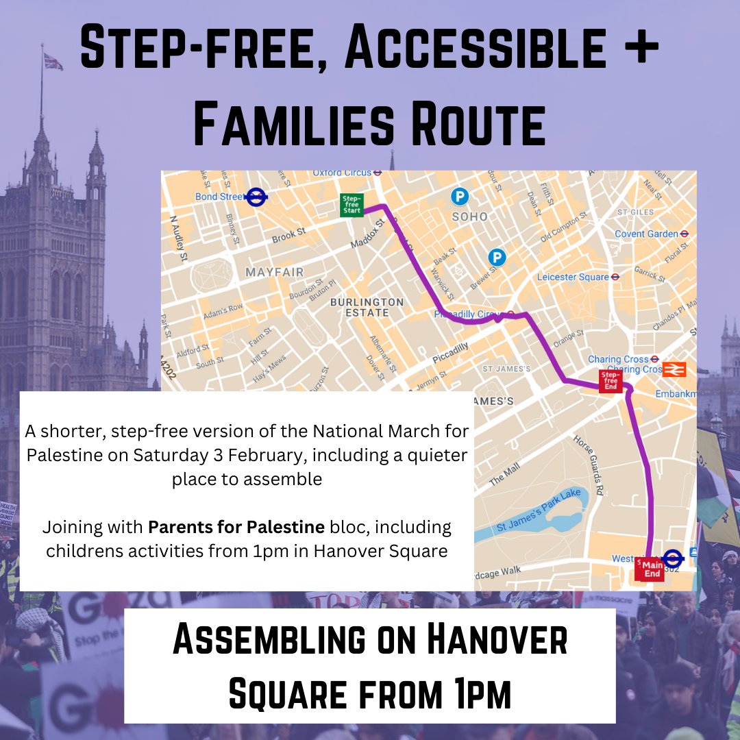 🚨The route and accessible route for the March for Palestine on Saturday 3 February have now been confirmed 🇵🇸  

The march will assemble at BBC, Portland Place at 12PM and march to Whitehall.

The accessible route can be found here: shorturl.at/begyB

#CeasefireNOW