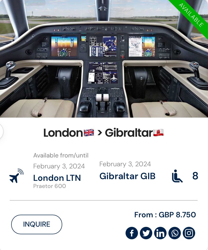 ⚠️ EMPTY LEG ⚠️
London 🇬🇧 > Gibraltar 🇬🇮 
03 February 2024
Praetor 600 (2023)
£8.750 GBP 
charter@jet-vision.com

#PrivateJetDeals #privatejet #jetcharter #JetSetLife #travel #LuxuryTravelDeals #emptyleg #follow #london #gibraltar #gibraltarrock #marbella #cadiz #spain