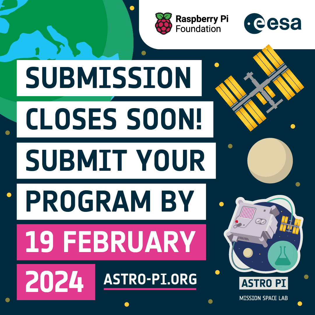 There's just over 2 weeks to go before #MissionSpaceLab closes 📢

Set your alarms and make sure you get your submissions in by the 19th of February! ⏰

Enter here before time runs out: rpf.io/mission-space-…

#AstroPi #STEMEd #CodingChallenge