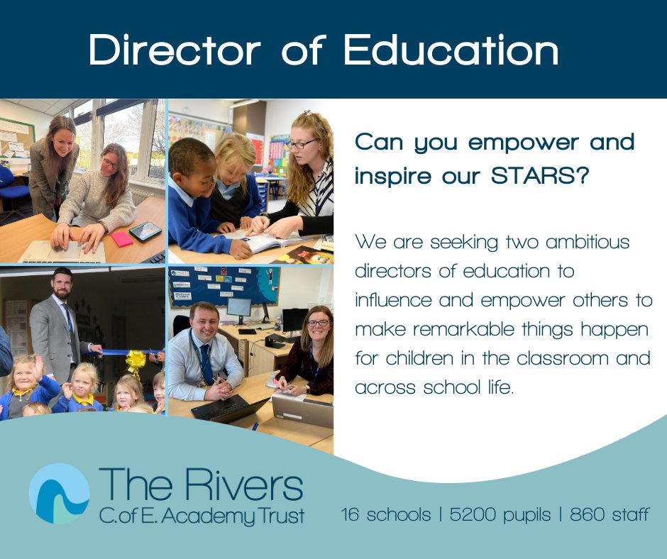 📢We are recruiting  

Director of Education x 2  

Responsible for the leadership and development of educational standards across a group of schools and lead on trust-wide areas of focus within our Rivers 2030 Strategy.  

Closing date: 4 March 2024
riverscofe.co.uk/current-vacanc…