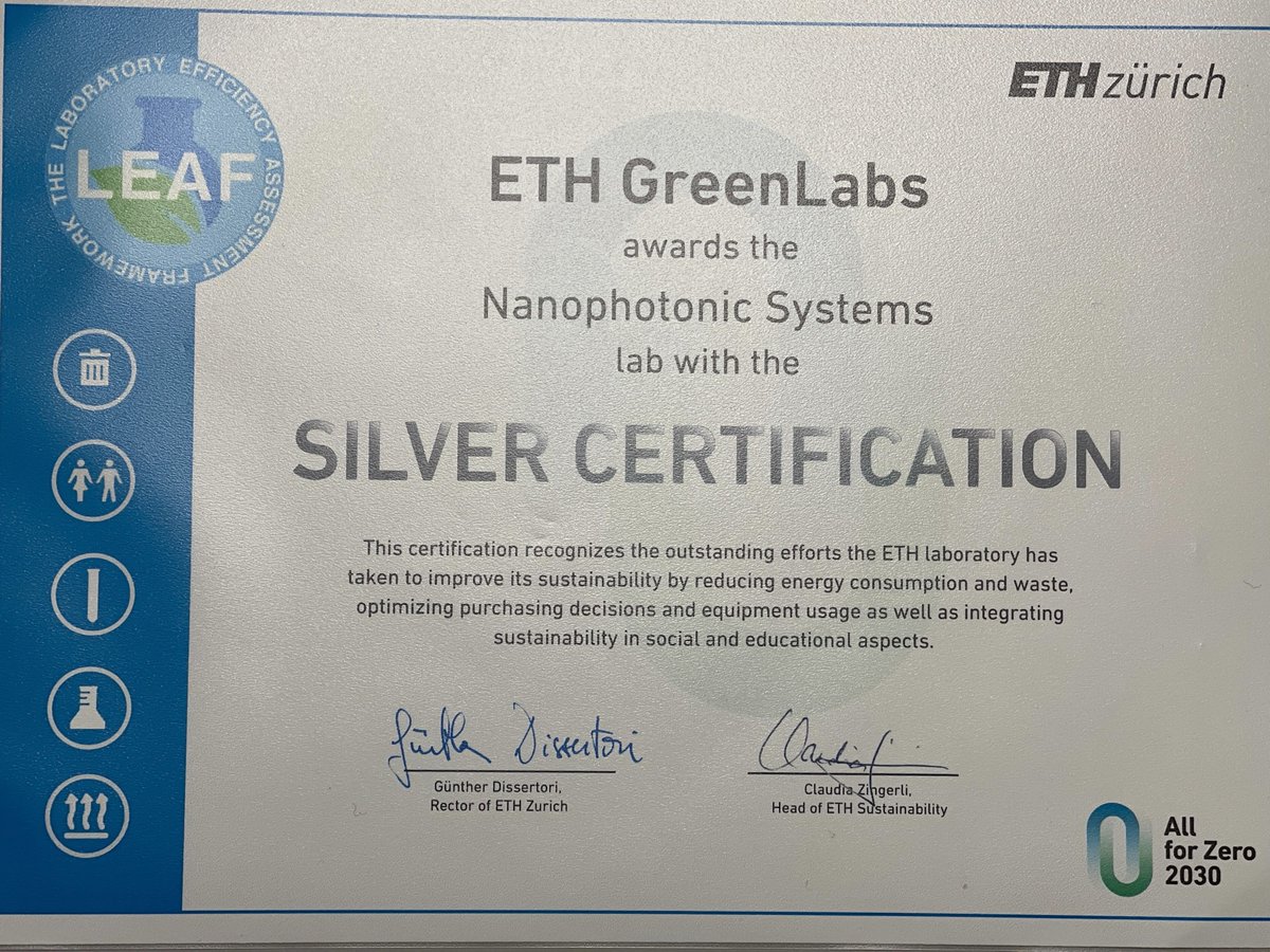 Quidant’s Lab (@quidantl) on Twitter photo Yesterday we received the Silver Award 🩶 for our lab sustainability efforts!
We thank the ETH Sustainability office and <a href="/Greenlab_ZH/">Greenlab Zurich</a> for their support in integrating eco-friendly practices, and @FalkoResearch for his proactive role in sustainability!🌱
<a href="/eth_dmavt/">D-MAVT, ETH Zurich</a> Yesterday we received the Silver Award 🩶 for our lab sustainability efforts!
We thank the ETH Sustainability office and <a href="/Greenlab_ZH/">Greenlab Zurich</a> for their support in integrating eco-friendly practices, and @FalkoResearch for his proactive role in sustainability!🌱
<a href="/eth_dmavt/">D-MAVT, ETH Zurich</a>
