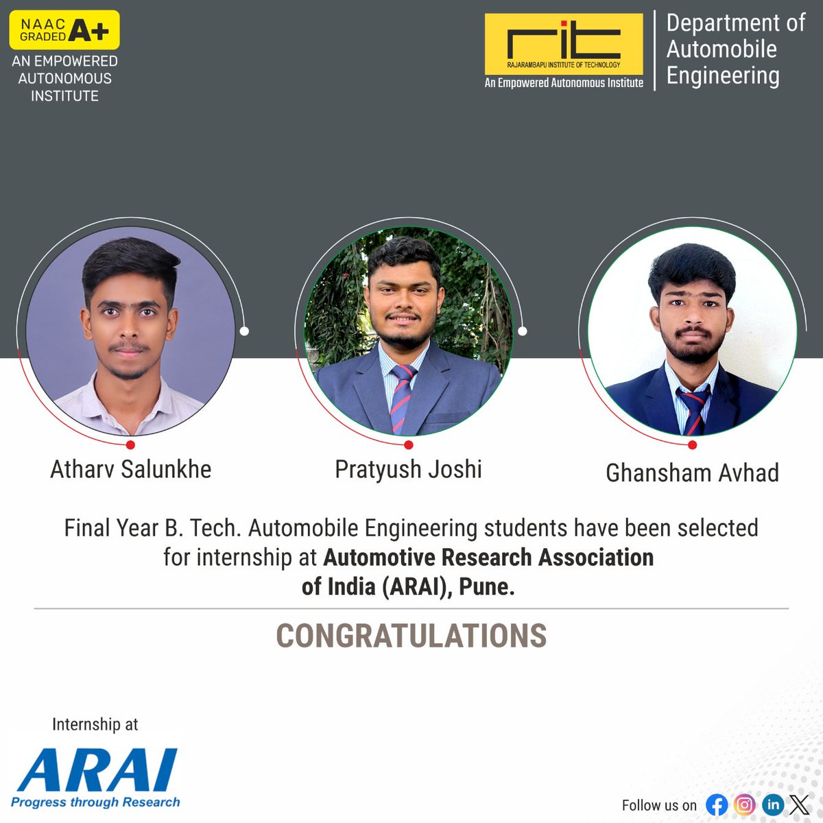 Congratulations!!
Final Year B. Tech. Automobile Engineering students have been selected for internship at Automotive Research Association of India (ARAI), Pune.

#InternshipOpportunity #InternSearch #InternLife #InternshipHunt #SummerInternship #InternExperience #InternshipAlert