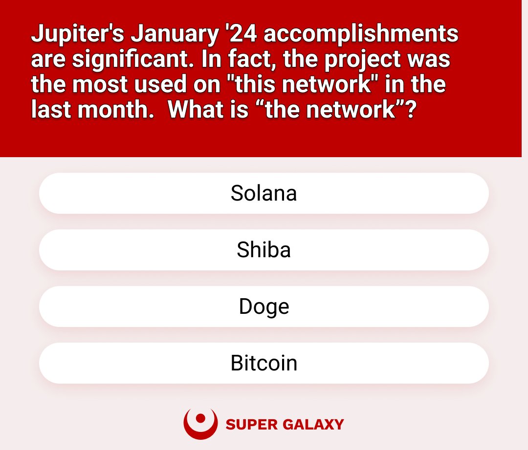 < Today's Quiz of 'SuperGalaxy' > Today's quiz is about 'Jupiter', Best exchange in DeFi 🎁One person selected for 10USDT reward! *BUT reward will be 20USDT if more than 120 replies! 📌Reply the answer & Repost this post & Follow @SuperGalaxy_io (+Tag your friends) $JUP #JUP