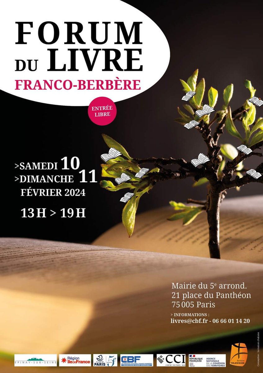 Un #forum du #livre ouvert à tous les publics
soutenir les #auteurs et la #création 
lire et mieux connaître le #monde et la #culture #berbères
50 auteurs présents les deux jours
des #ateliers pour #enfants
venez en #FAMILLE  
#MairiedeParis5ème
#Amazigh #kabyle #cbf #cci