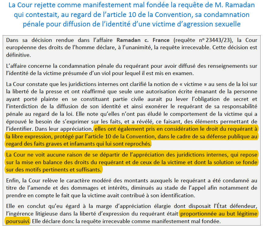 N_Hervieu's tweet photo. Protection des victimes de violences sexuelles : La #CEDH rejette la requête de @TariqRamadan contre la France.

Car sa condamnation pour avoir diffusé l’identité de la victime d’un viol (pour lequel il est mis en examen) est justifiée &amp; proportionnée.

=> https://t.co/2AAU2AvOhO https://t.co/ZzAhWXHrzS