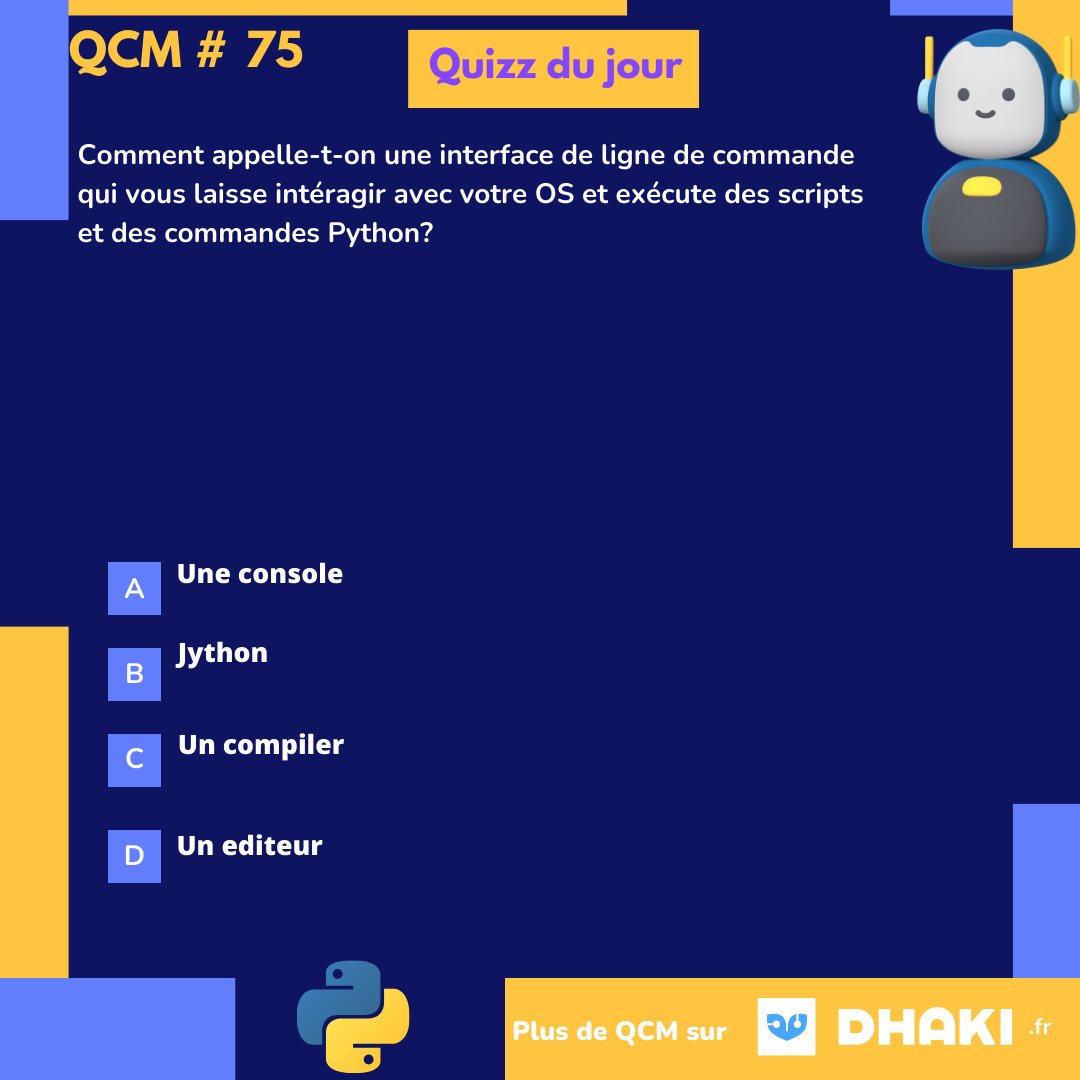 Python_QCM's tweet image. Teste tes connaissances en Python ! Quelle est la réponse à ce quizz ? 💭 Commente pour participer !