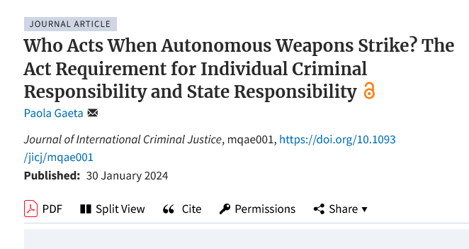 #Mustread: new article by our #faculty member Professor Paola Gaeta that discusses #autonomousweapons and the act requirement for the commission of #warcrimes related to prohibited attacks in #warfare. academic.oup.com/jicj/advance-a…