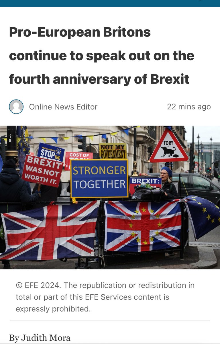BremainInSpain's tweet photo. More coverage of Bremain in London for the #Brexit4 anniversary
Helen Johnston of “Bremain in Spain” told EFE “40 years ago, those (politicians) who were against the EU started their campaigns & it took them 40 years to achieve their goals. If we say ‘I give up, I can’t take it anymore’, who will continue to fight?” https://t.co/1sRKGTyqGu