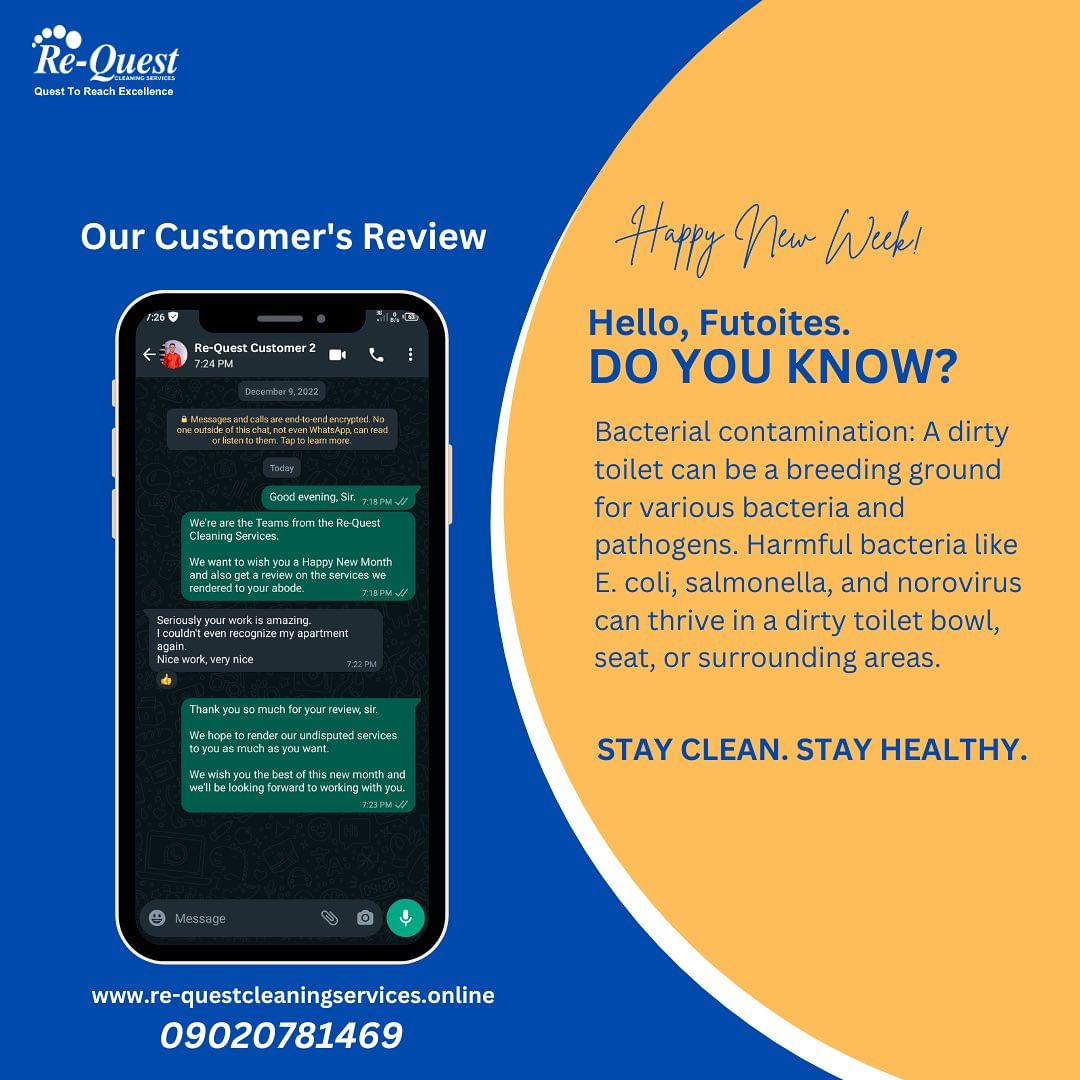 Our Customer’s Review.
We strive for excellence, no mediocrity.🥰

For more info.
Visit our website via:
re-questcleaningservices.online
 Or send us a DM via:
09020781469

Don’t forget to send us an inbox message via our social media handles.

Stay Clean. Stay Healthy.
#cleaningservice